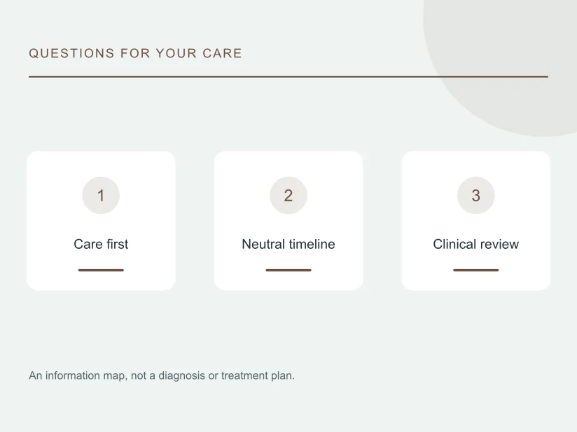 Question map: Care first, Neutral timeline, Clinical review